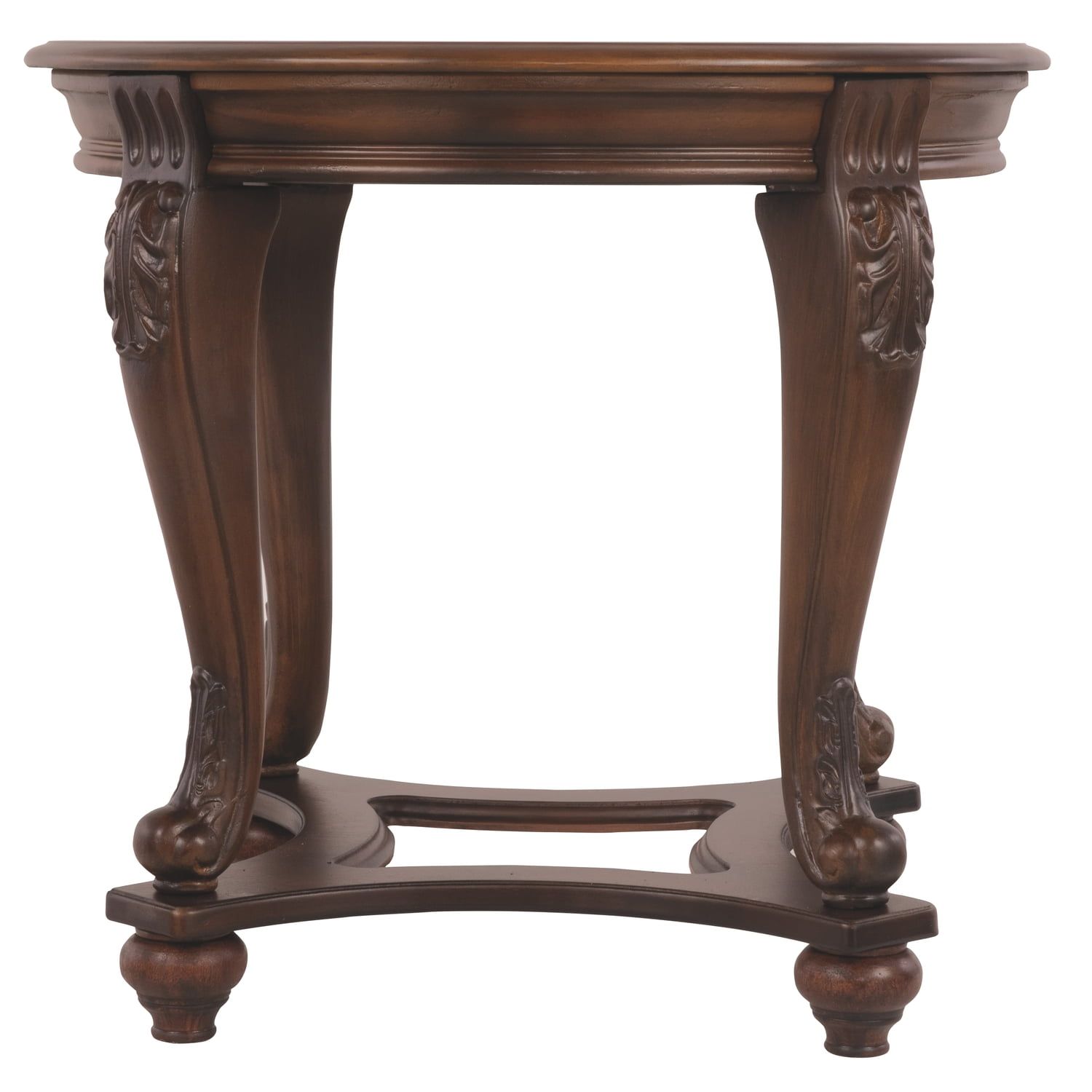 Elegant Round Wood & Glass End Table with Carved Acanthus Accents, Dark Brown