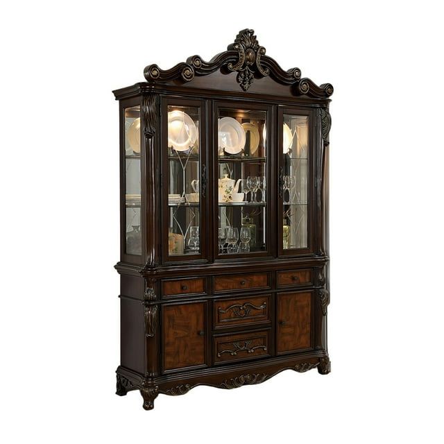 Classic Carved Cherry Brown Lighted China Cabinet with Glass Doors