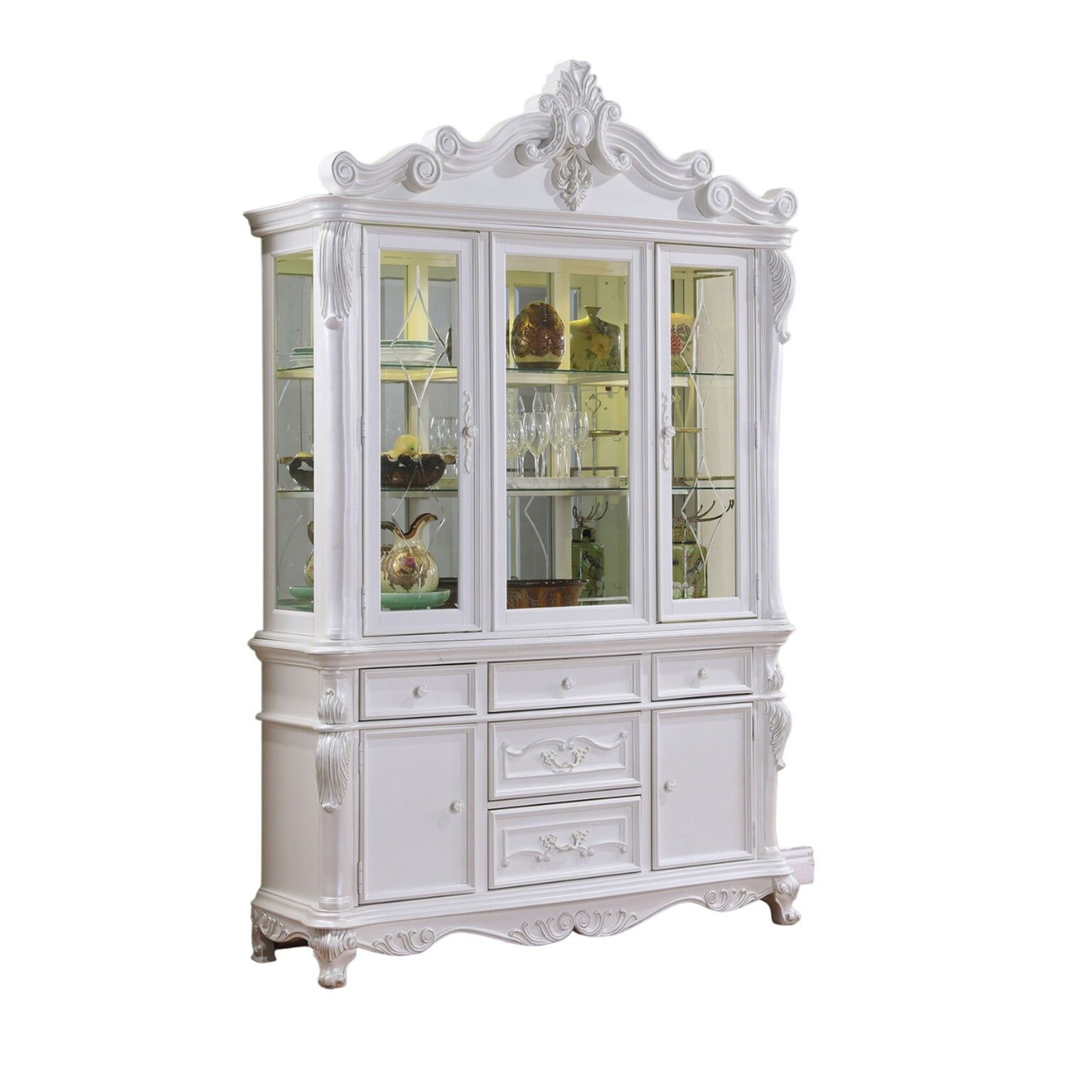 Zenie White Solid Wood Lighted China Cabinet with Carved Details