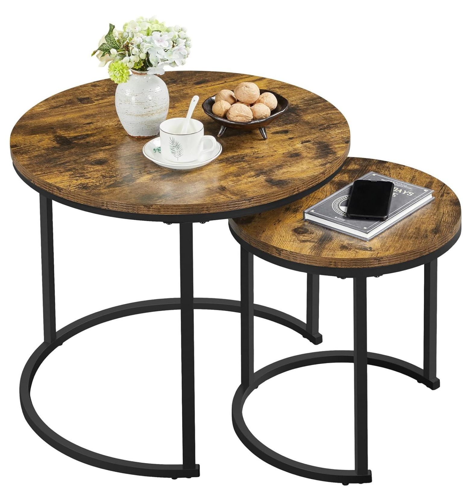 Rustic Brown Round Nesting Coffee Table Set with Metal Frame