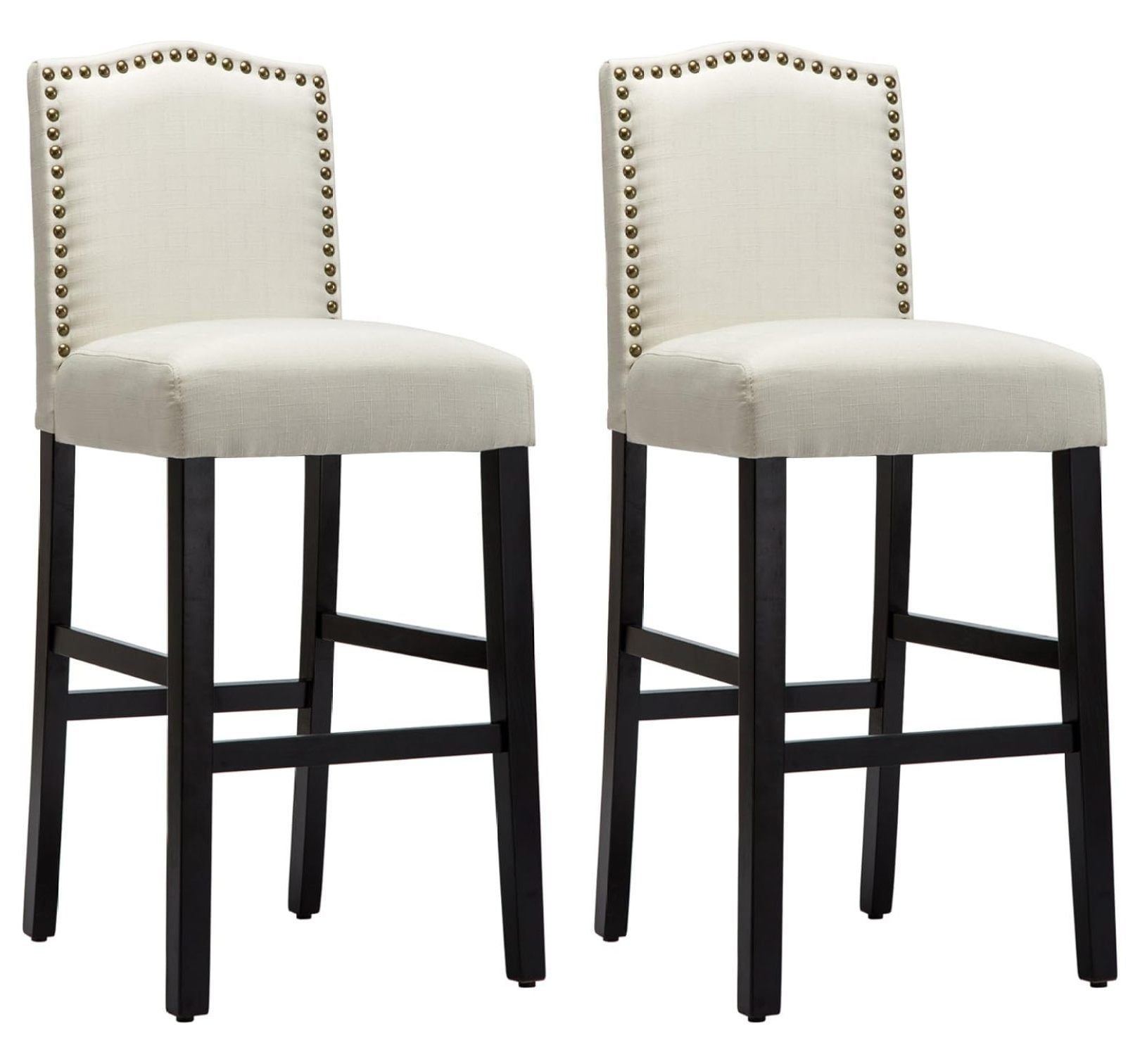 Beige Nailhead Studded Fabric Bar Stools with Wood Legs, Set of 2