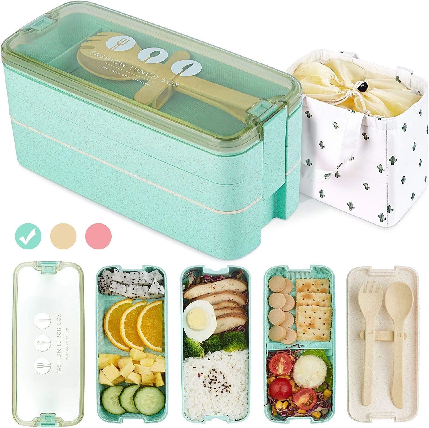 Green 3-Layer Leak-Proof Bento Lunch Box with Utensils and Bag