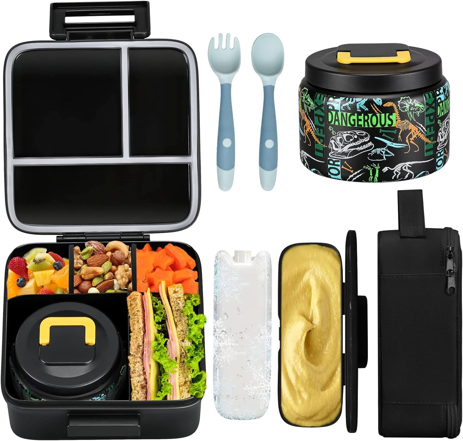 Black Stainless Steel Insulated Bento Lunch Box Set for Kids