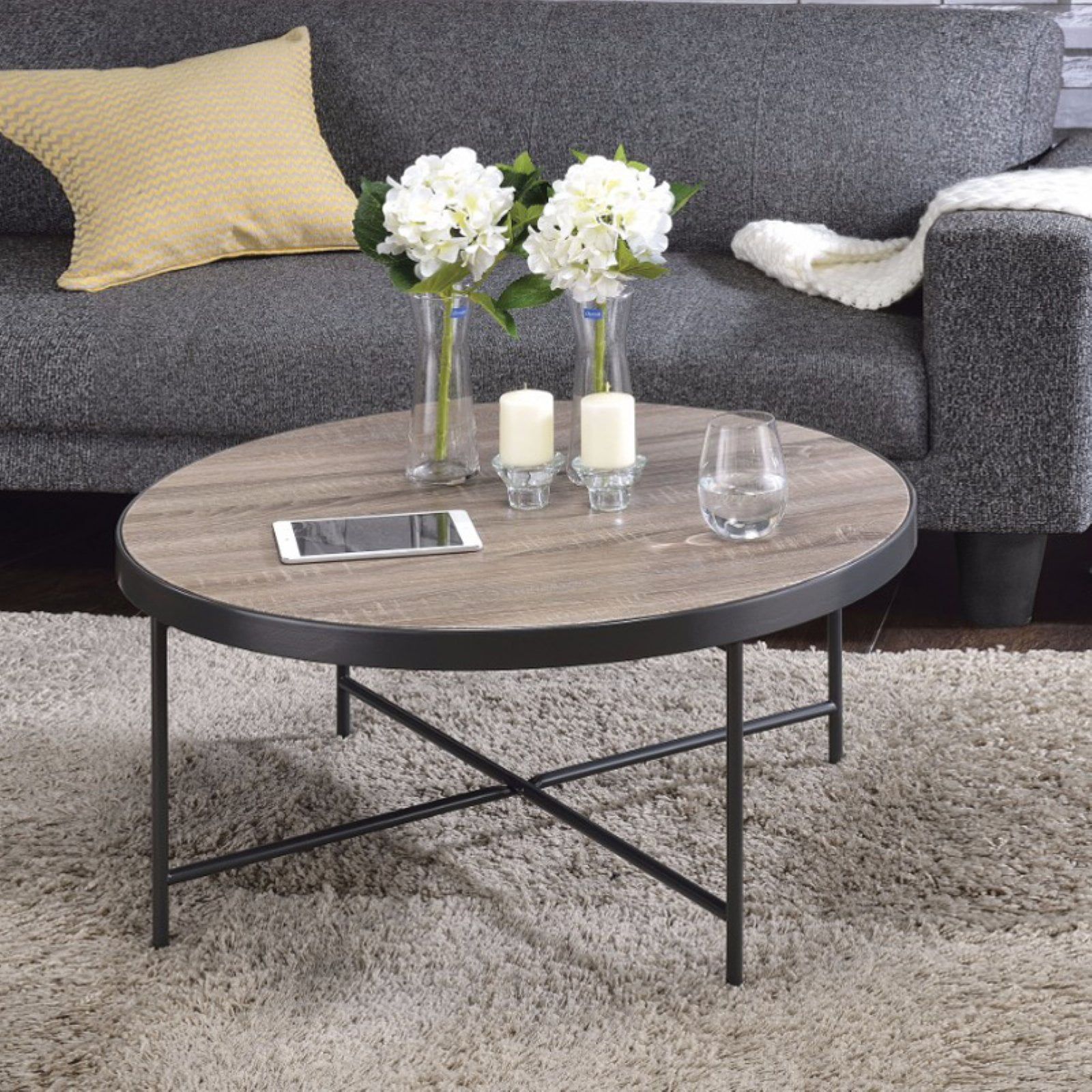 Round Weathered Oak Brown Coffee Table with Metal Legs