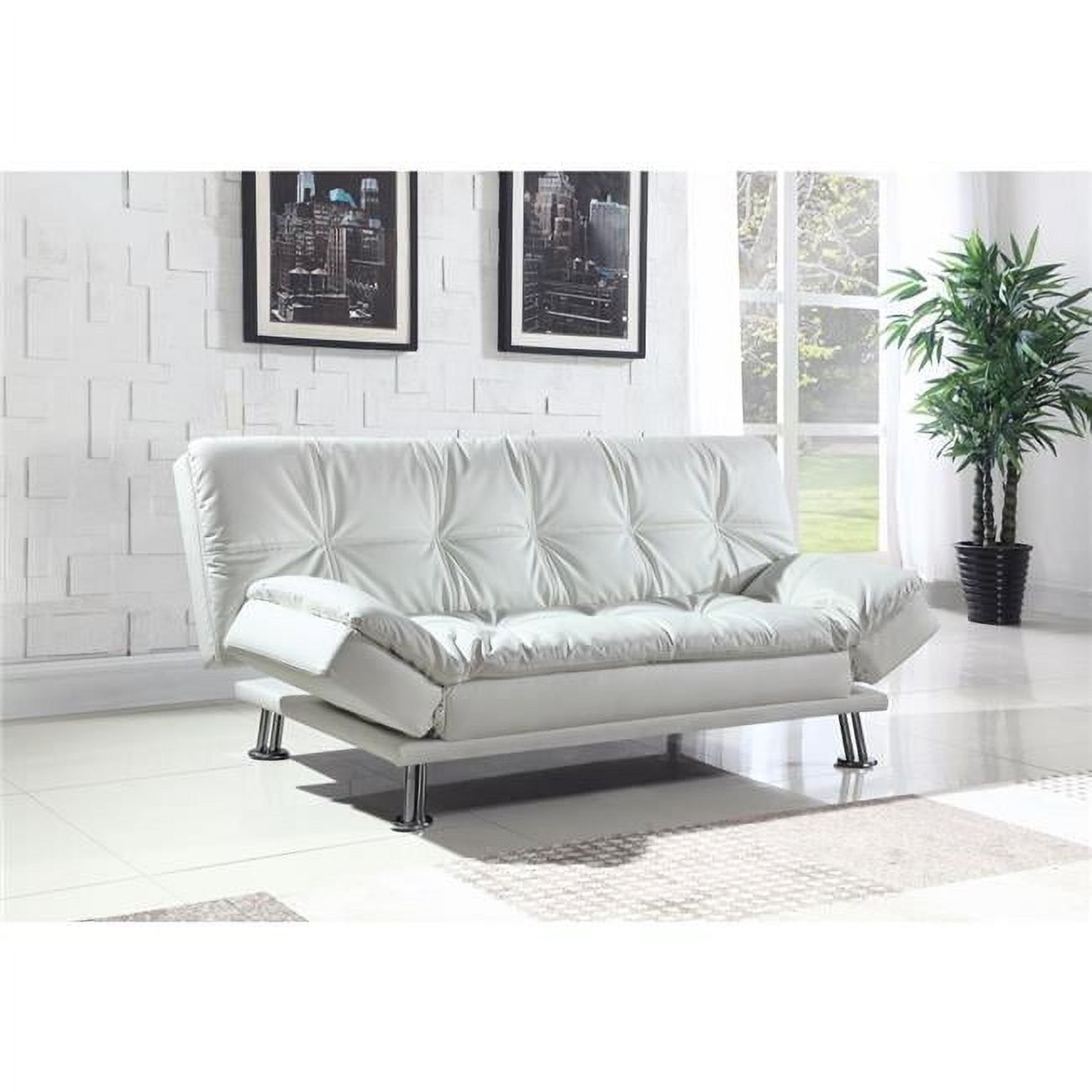 White Leather Flared Arm Sleeper Sofa with Chrome Legs