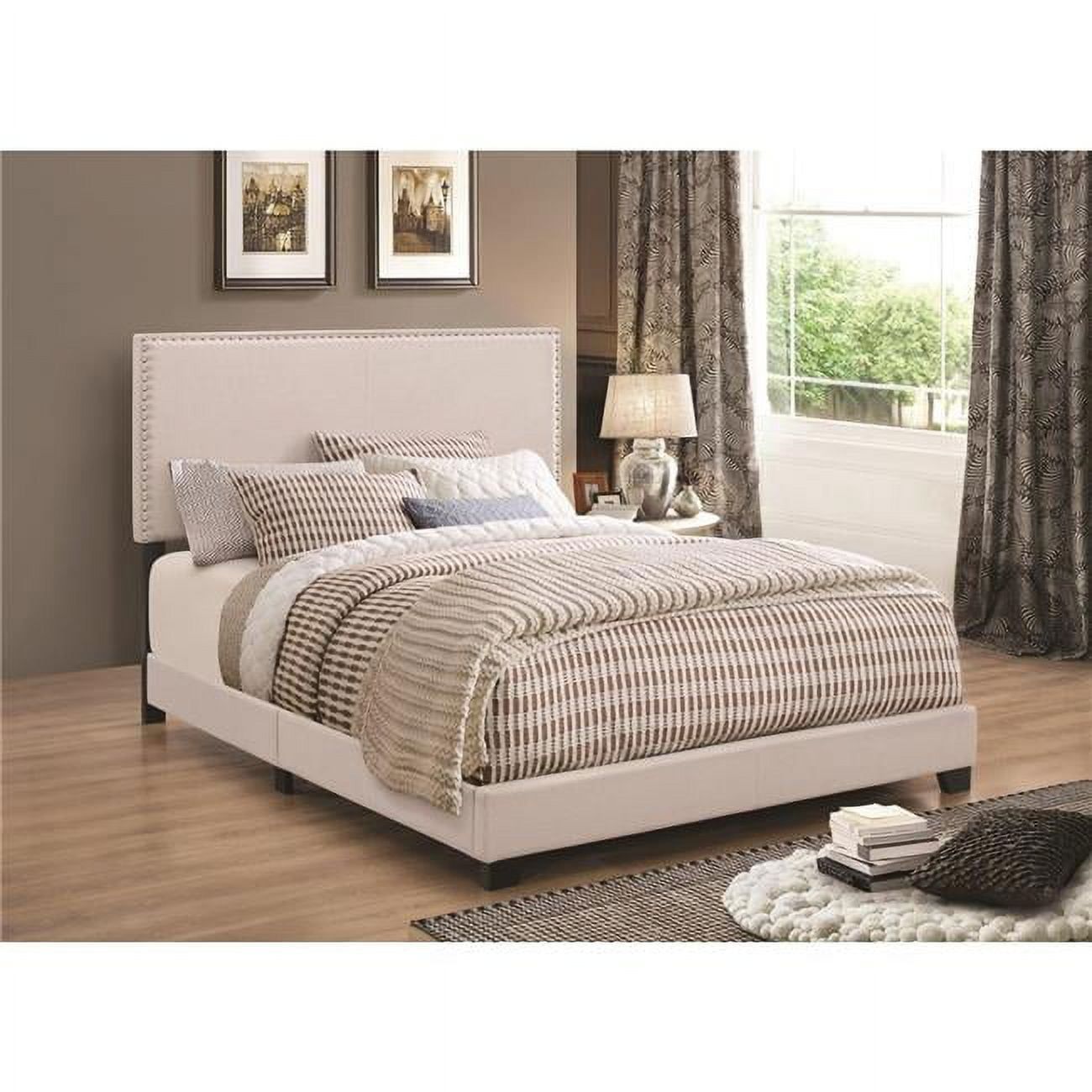 Ivory Full Upholstered Bed with Tufted Nailhead Trim