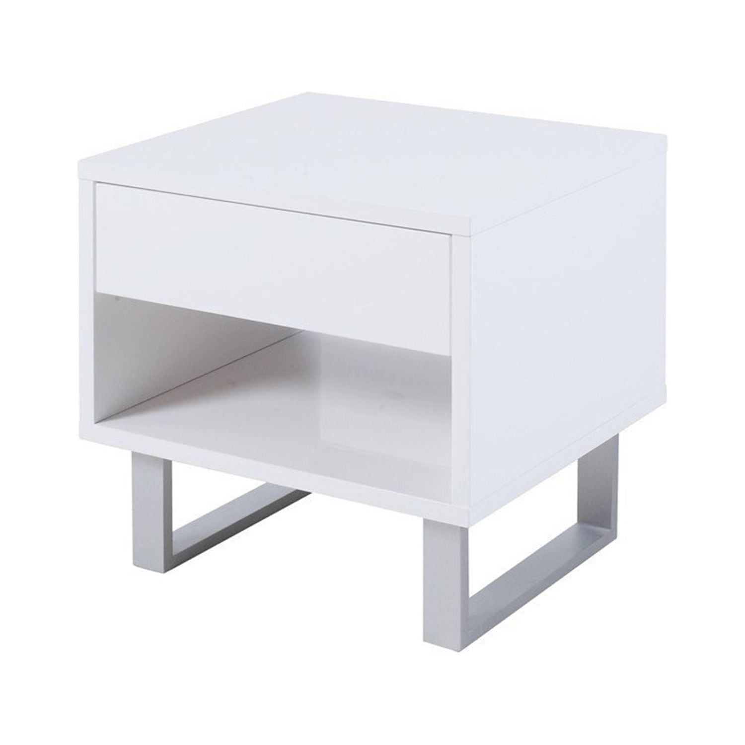 Contemporary Glossy White Solid Wood End Table with Metallic Storage Base