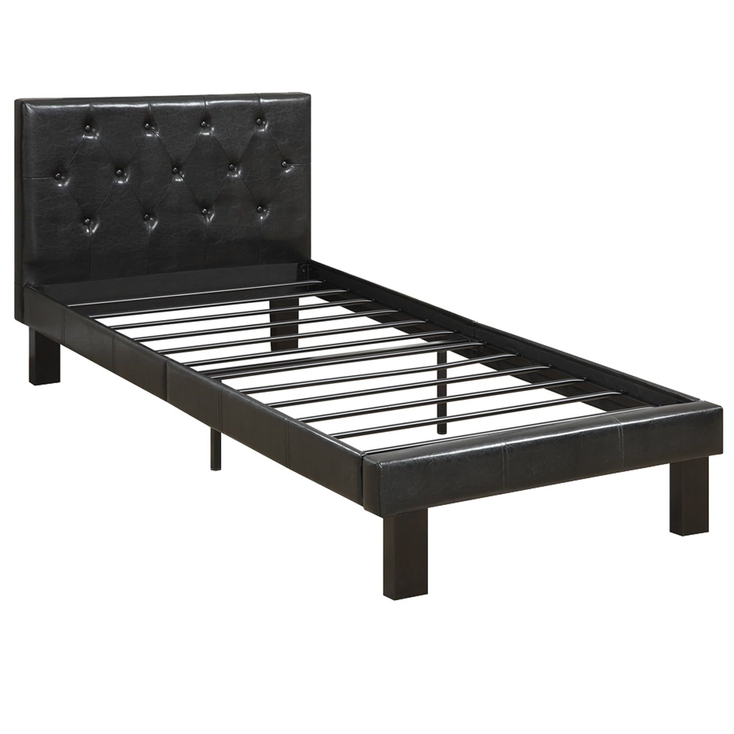 Black Twin Faux Leather Upholstered Bed with Tufted Headboard