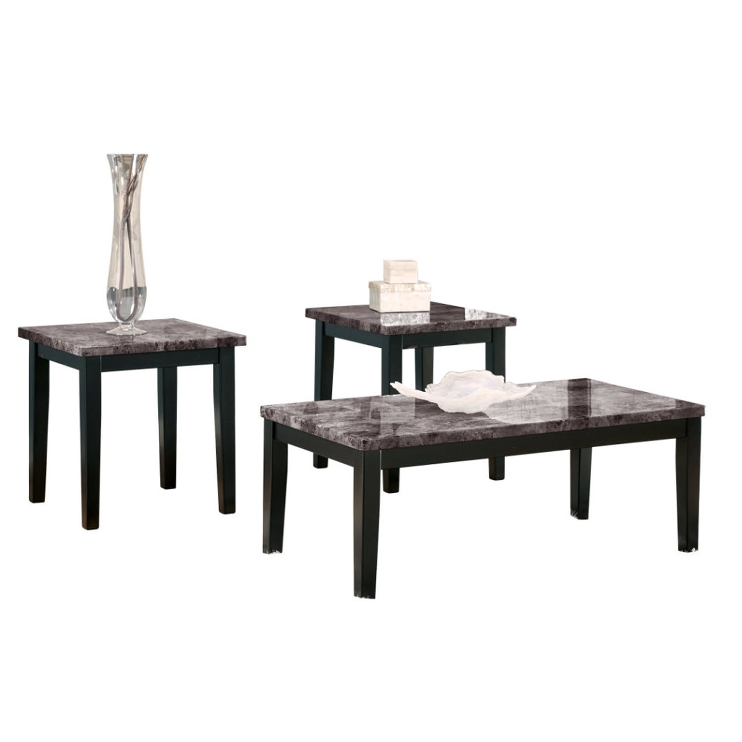 Elegant Trio Faux Marble & Black Wood Coffee and End Tables Set