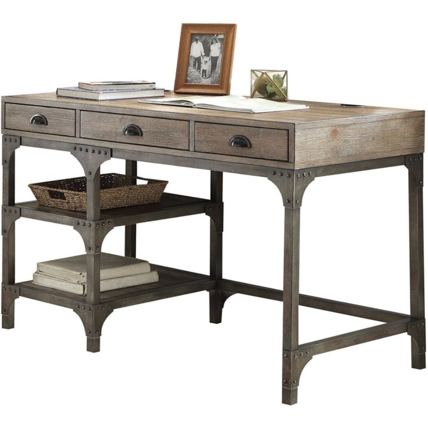 Weathered Oak Brown Industrial Desk with Storage Drawers and Shelves