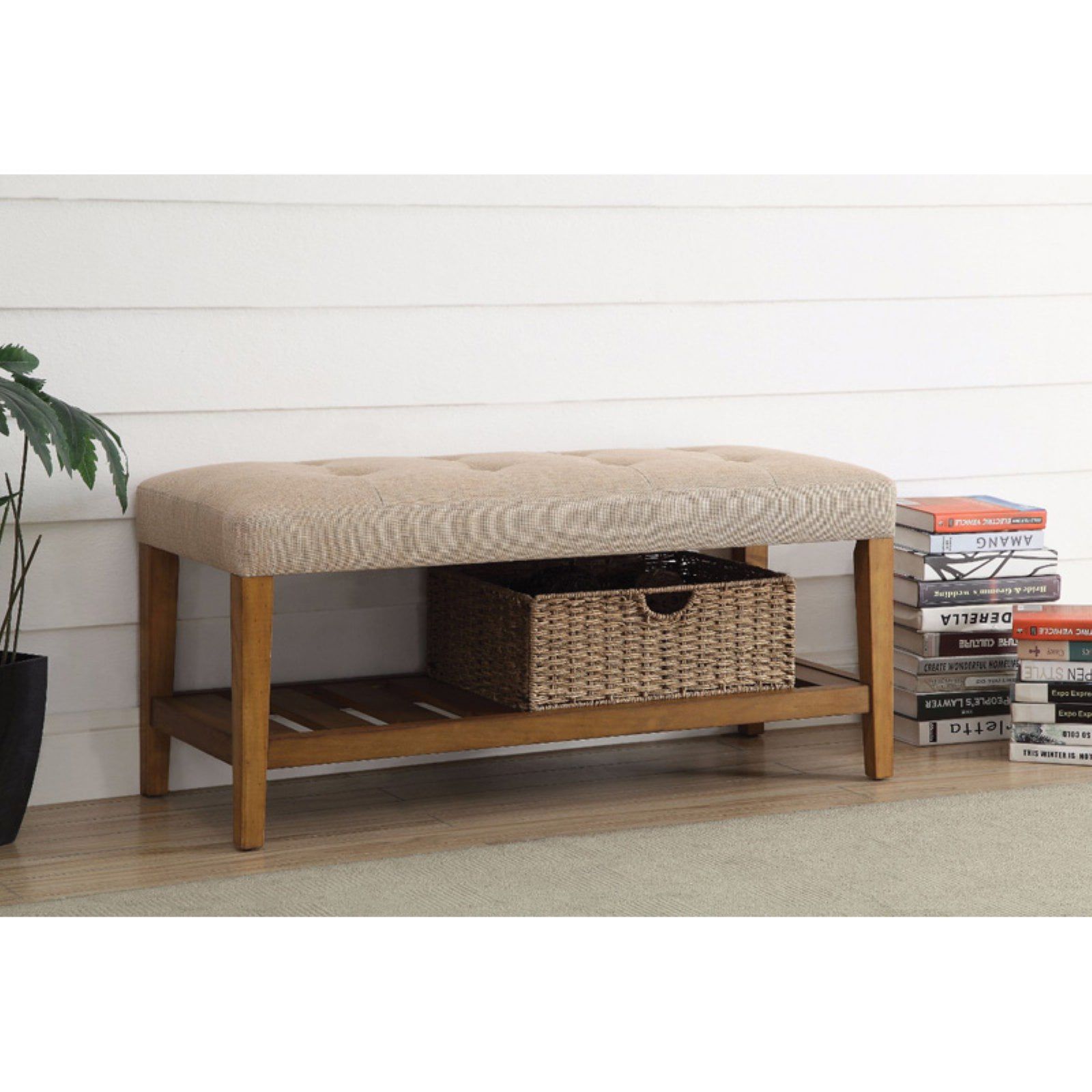 Beige Oak Wooden Bench with Storage and Tufted Seat