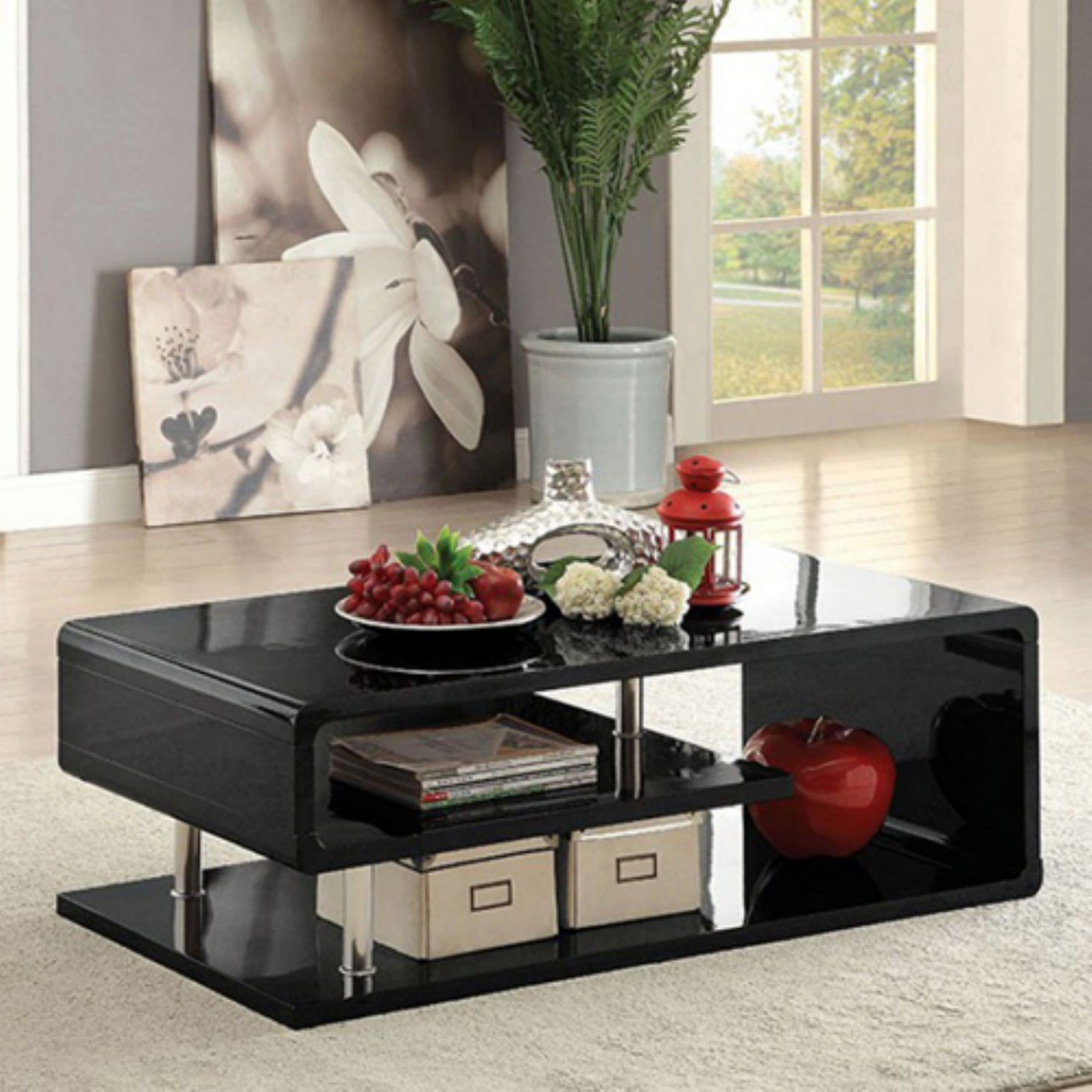 Ninove High-Gloss Black Wood and Metal Rectangular Coffee Table