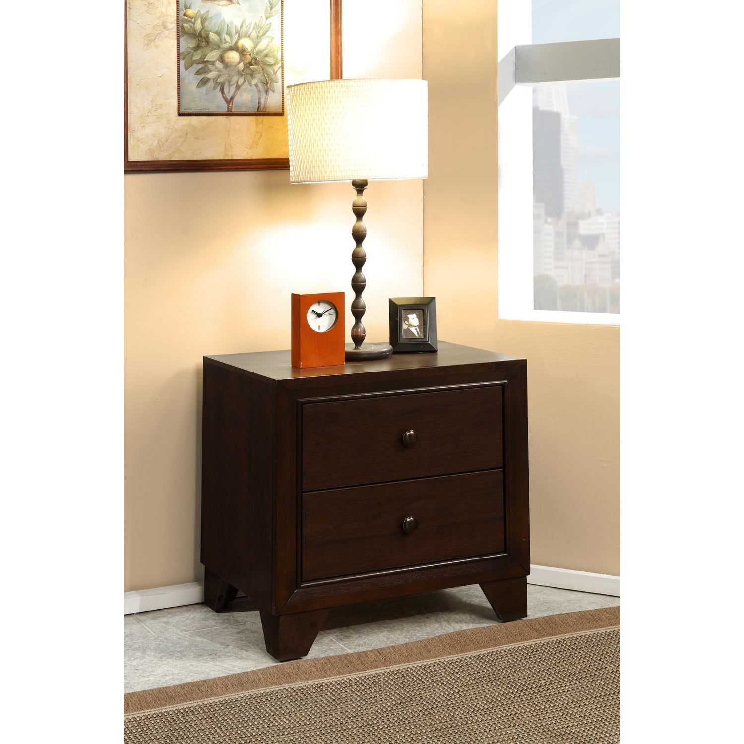 Espresso Brown Angled-Leg Wooden Nightstand with 2 Spacious Drawers