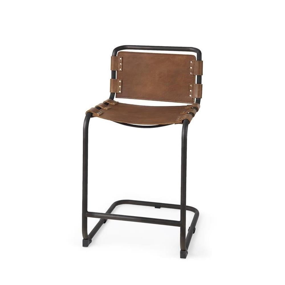 Berbick Medium Brown Leather Counter Stool with Gun Metal Frame