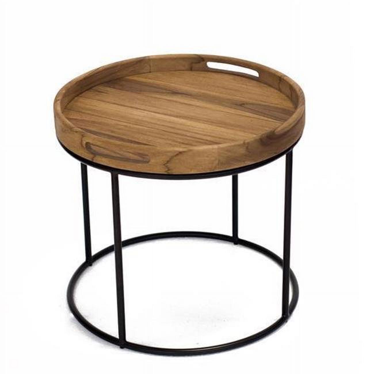 Teak & Iron Round Tray-Top End Table, 21.5" Natural Finish