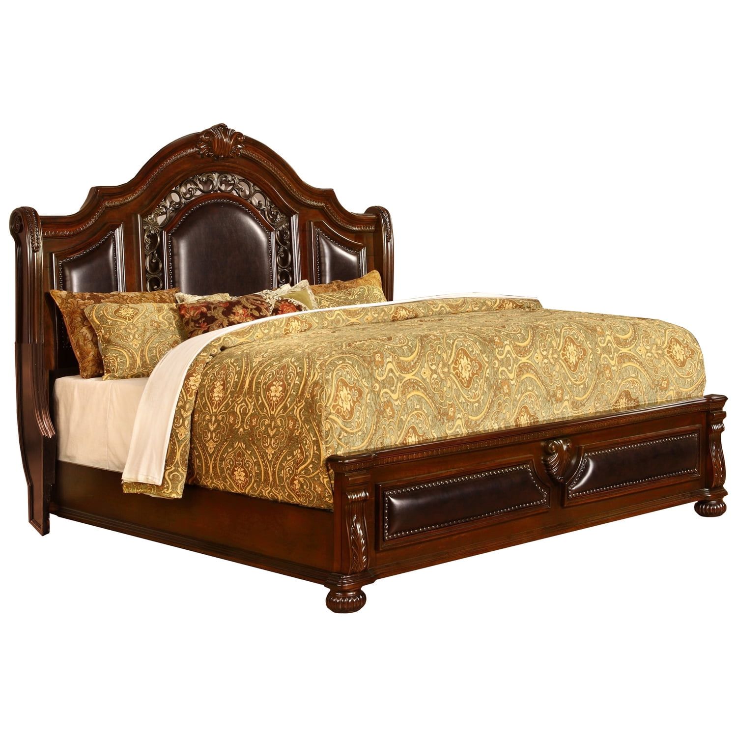 King Cherry Wood Upholstered Bed with Nailhead Trim