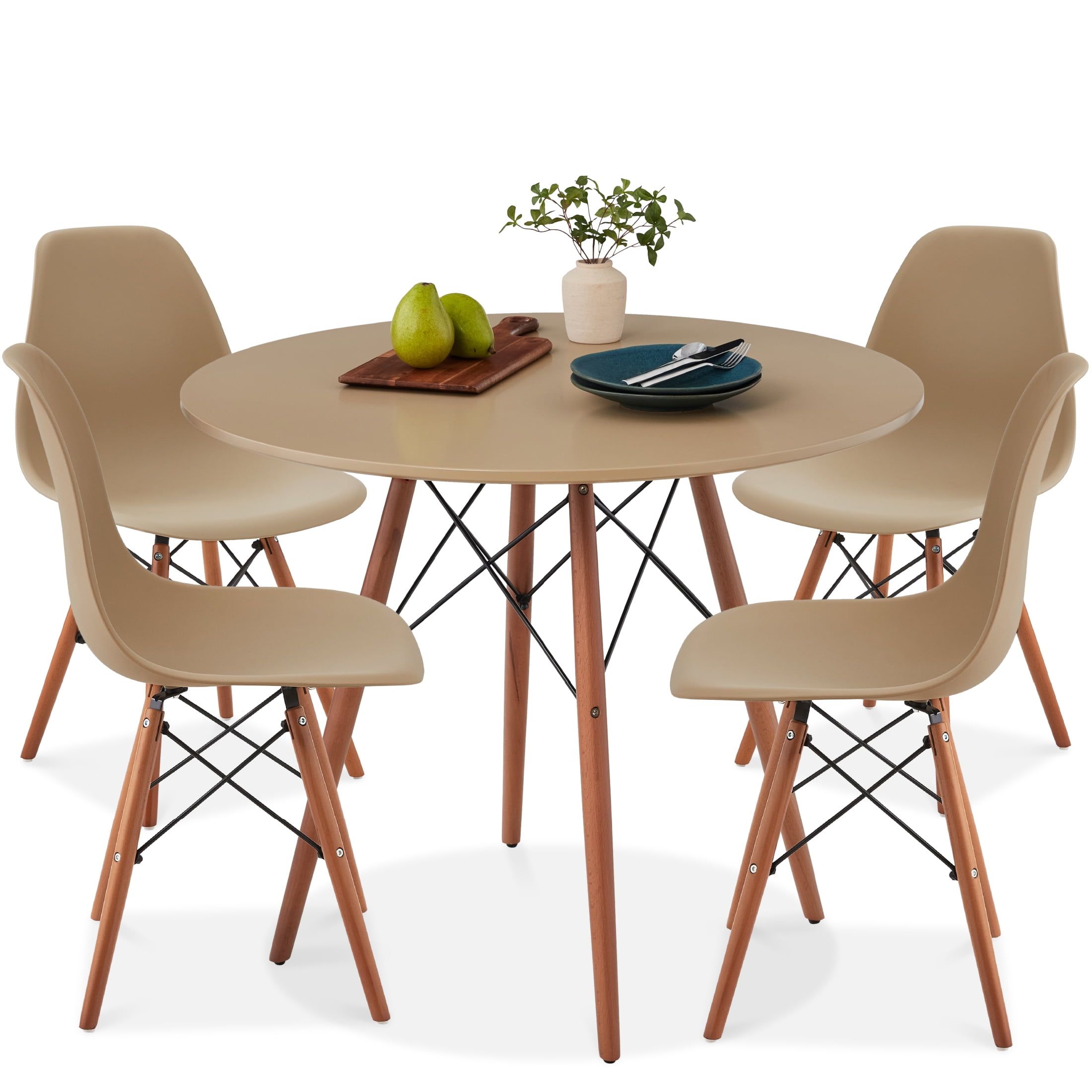 Beige and Walnut Mid-Century Modern 5-Piece Dining Set