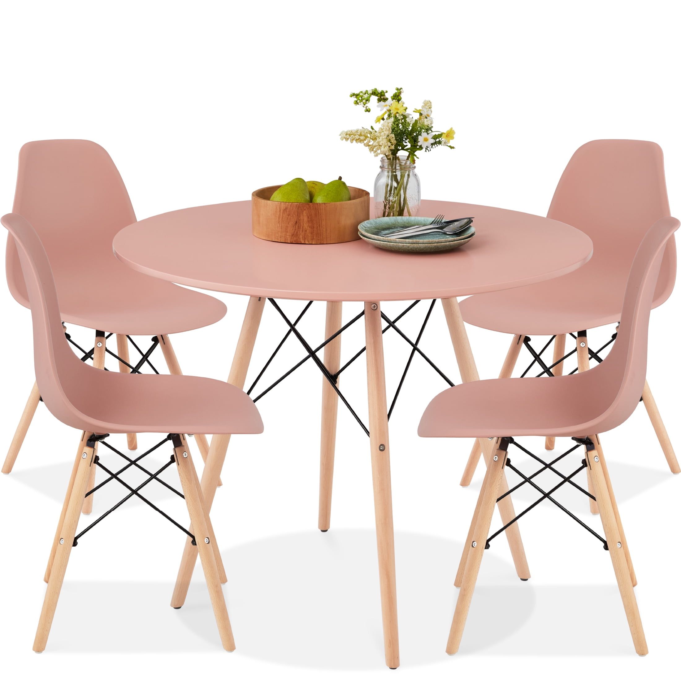 Pink and Oak Mid-Century Modern 5-Piece Dining Set