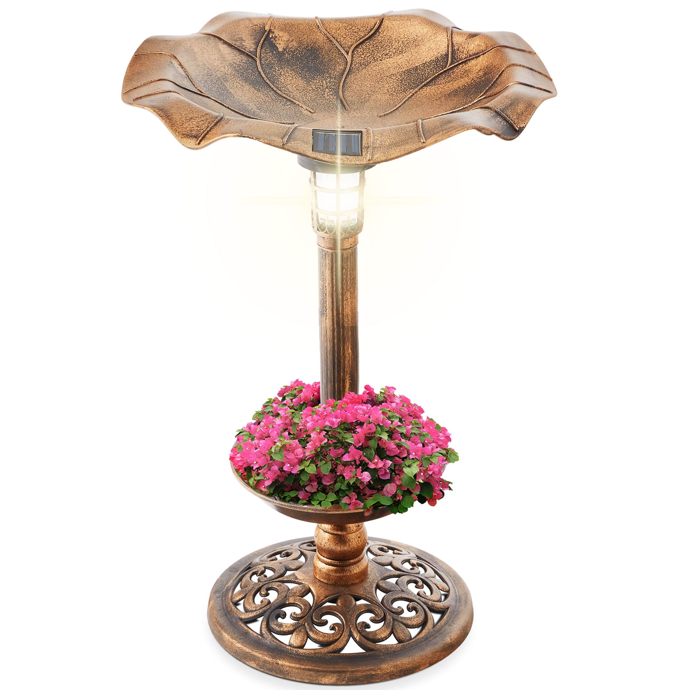 Bronze Solar Lighted Pedestal Bird Bath with Planter