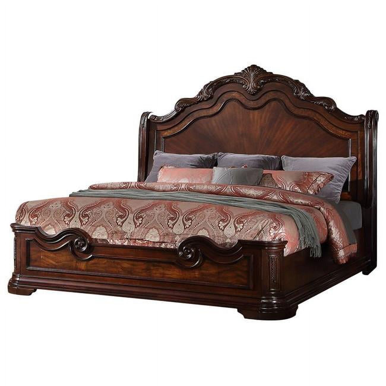 Elegant Walnut Queen Bed with Velvet Headboard and Wood Frame