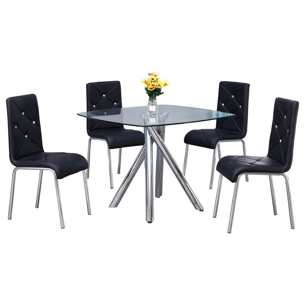 Black Glass and Chrome 5-Piece Dinette Set with Faux Leather Chairs