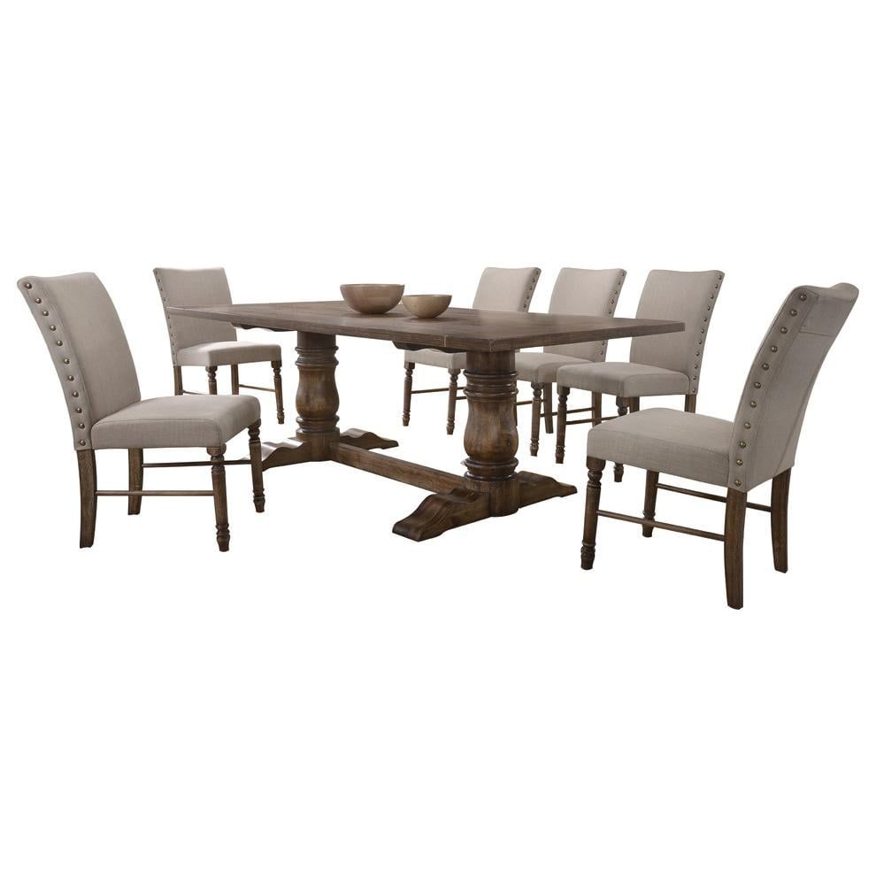 Antique Natural Oak 7-Piece Solid Wood Dining Set with Upholstered Chairs