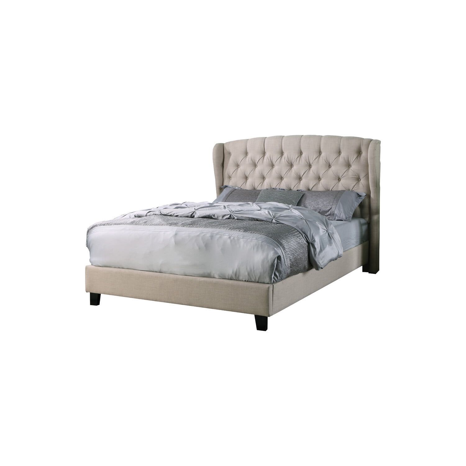 King Beige Linen Upholstered Tufted Wood Platform Bed