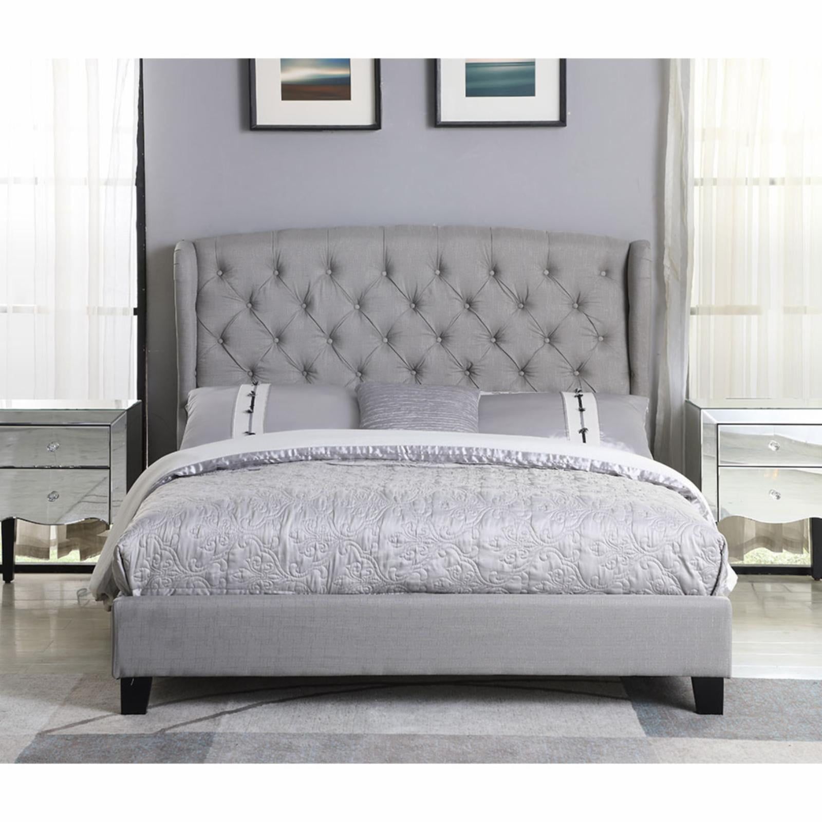 King Size Wingback Linen Upholstered Bed with Tufted Headboard