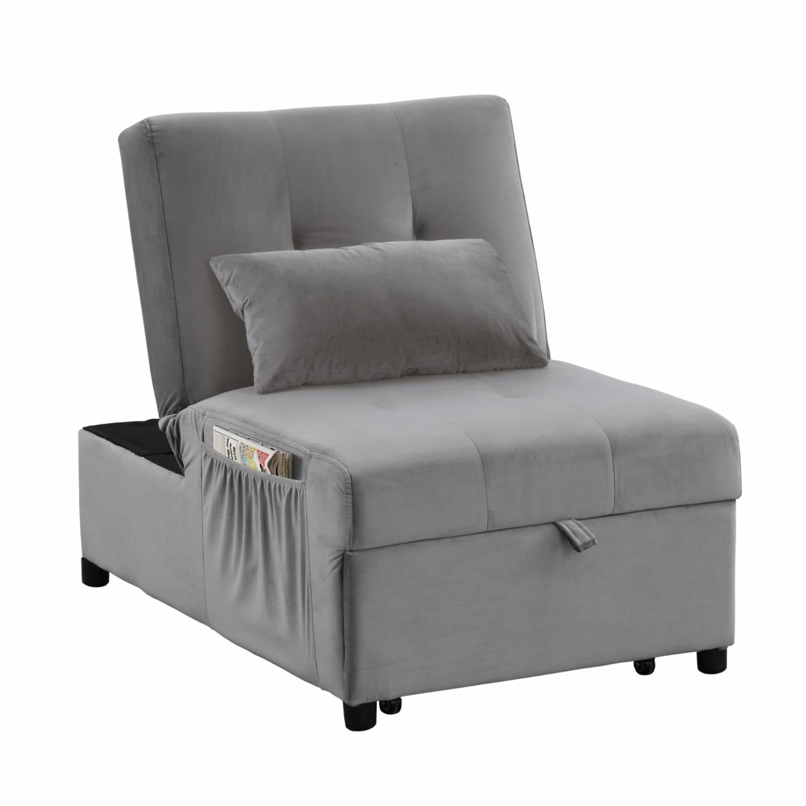 Gray Velvet Adjustable Sleeper Lounge Chaise with Manufactured Wood Frame