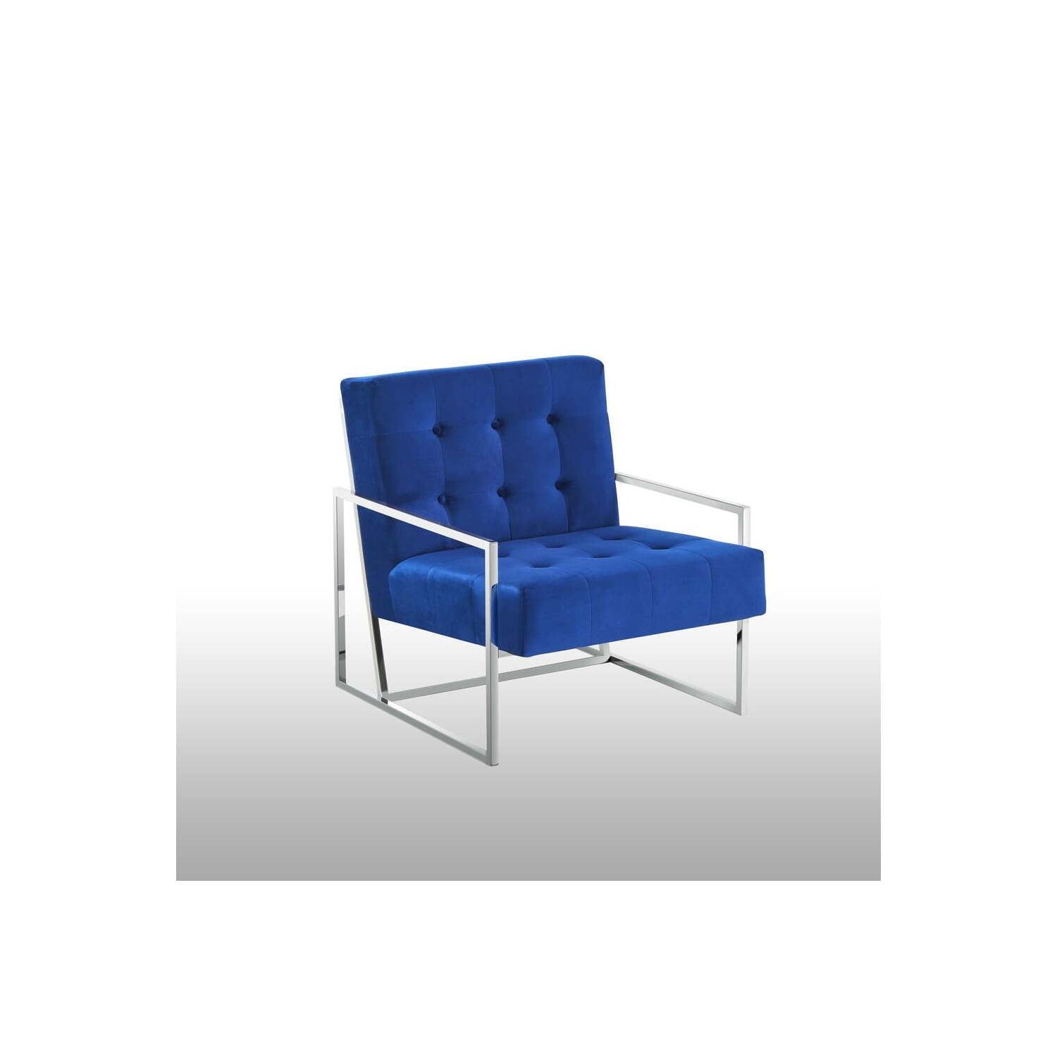 Elegant Blue Velvet Accent Armchair with Silver Metal Frame