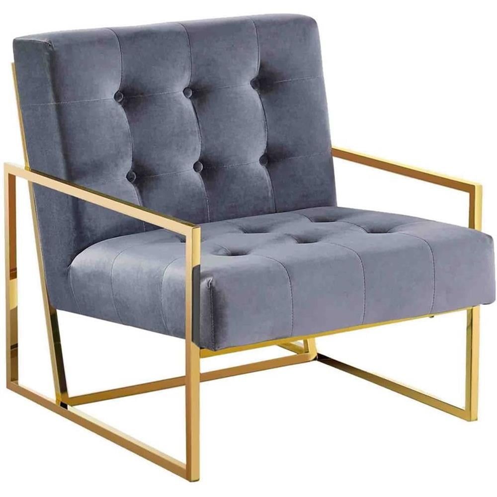 Beethoven 31.5" Gray Velvet & Gold Metal Modern Accent Chair