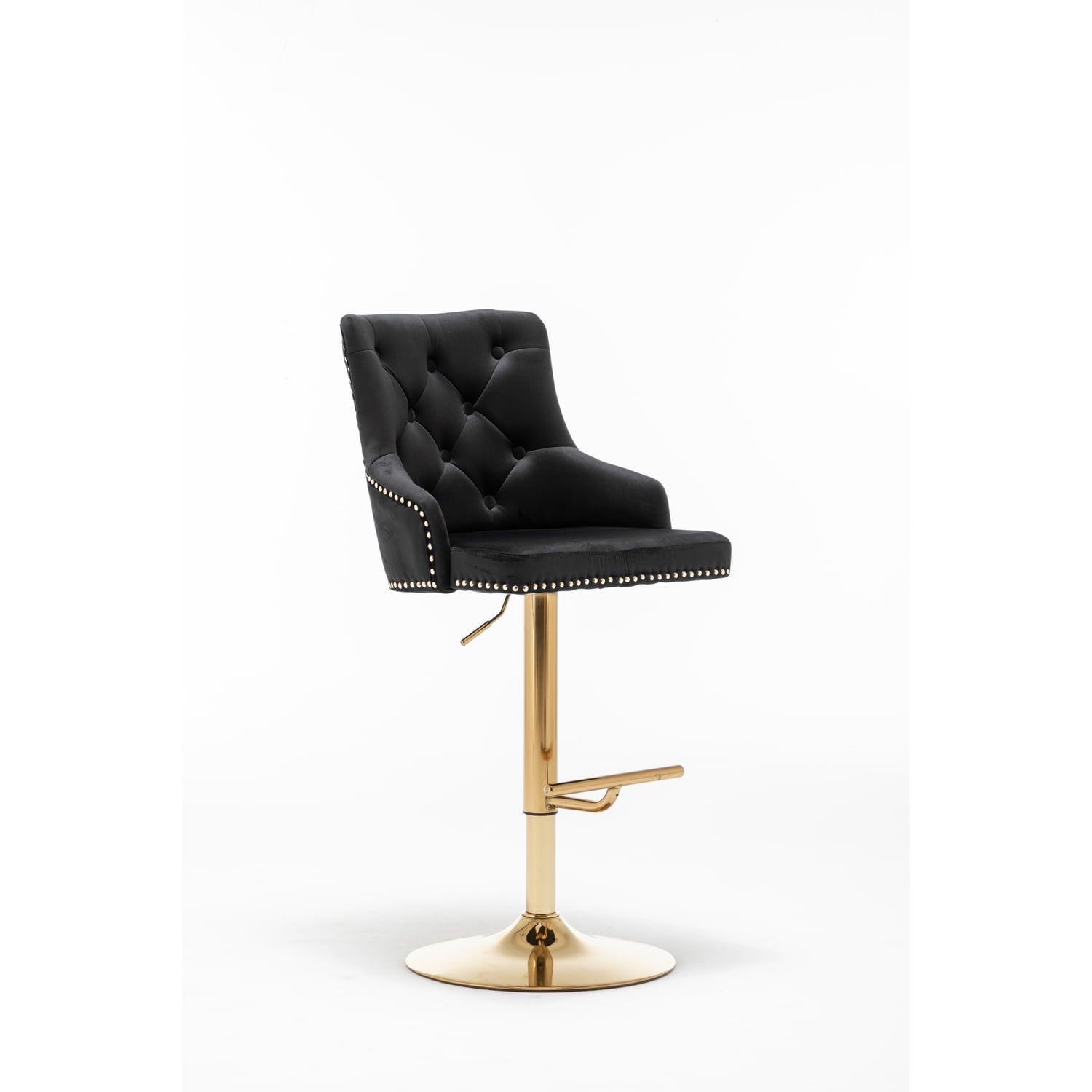 Glamorous Adjustable Swivel Black Velvet Bar Stool with Gold Metal Accents