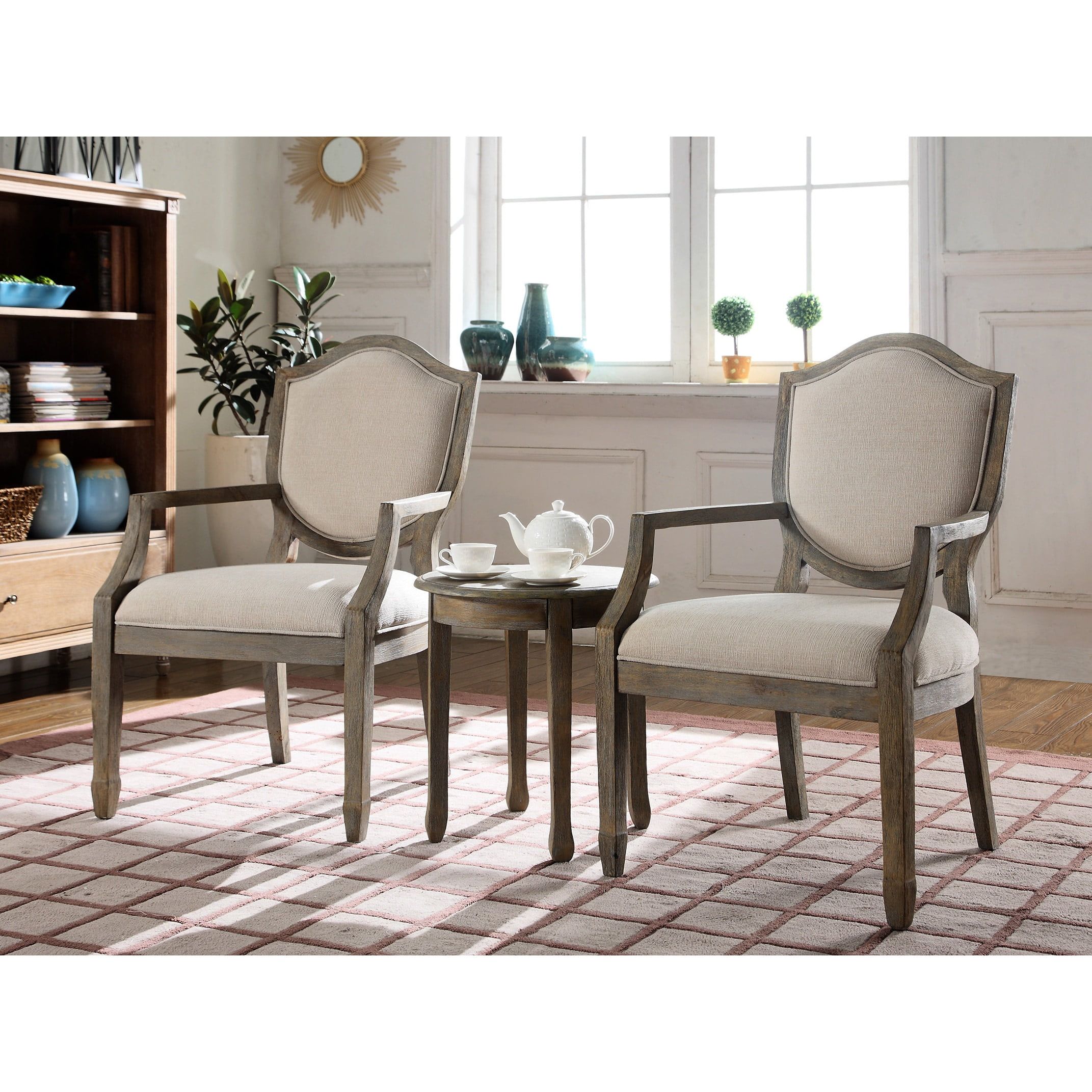 Antique Beige and Brown Wood Arm Chair Set with End Table