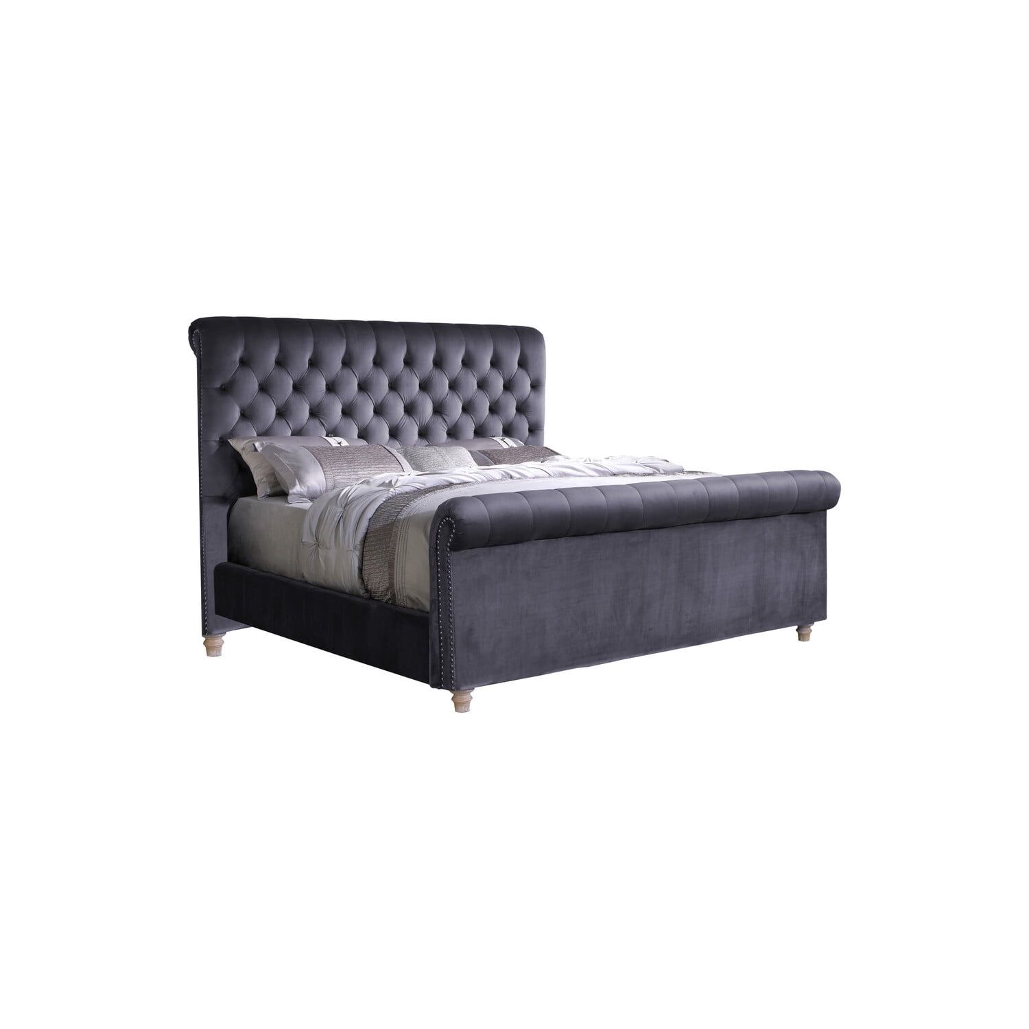 Eastern King Grey Velvet Upholstered Sleigh Bed with Tufted Headboard