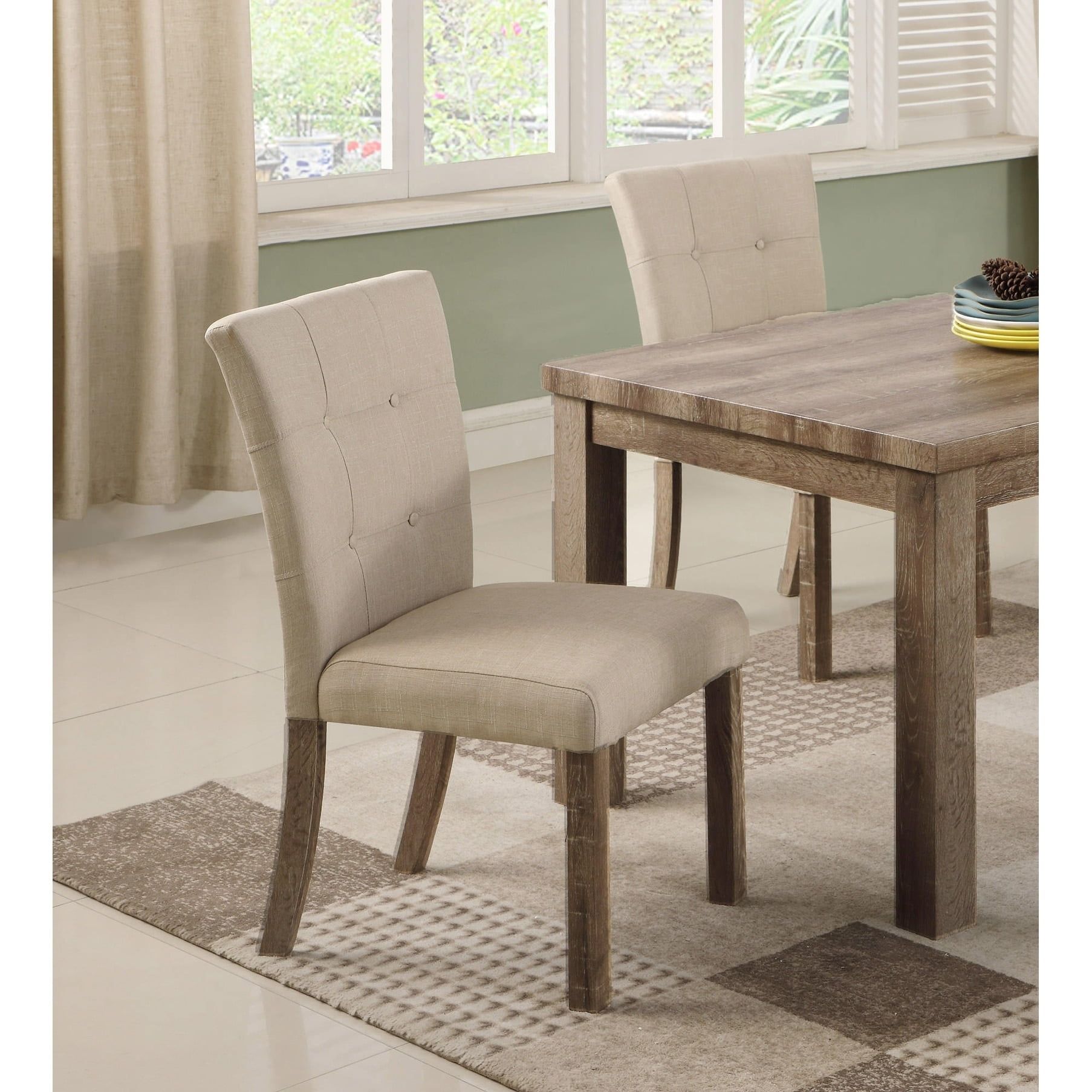 Beige Linen Upholstered Side Chair with Light Oak Wood Frame