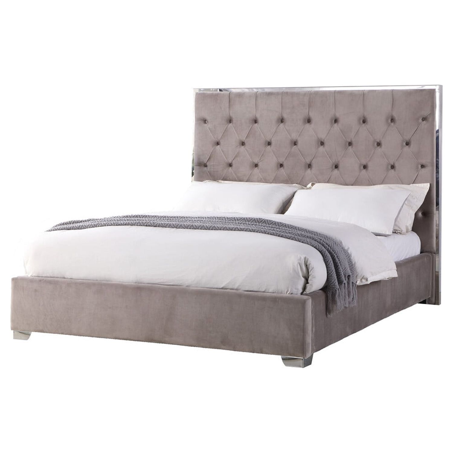 Regal Velvet King Platform Bed with Tufted Headboard in Dark Grey