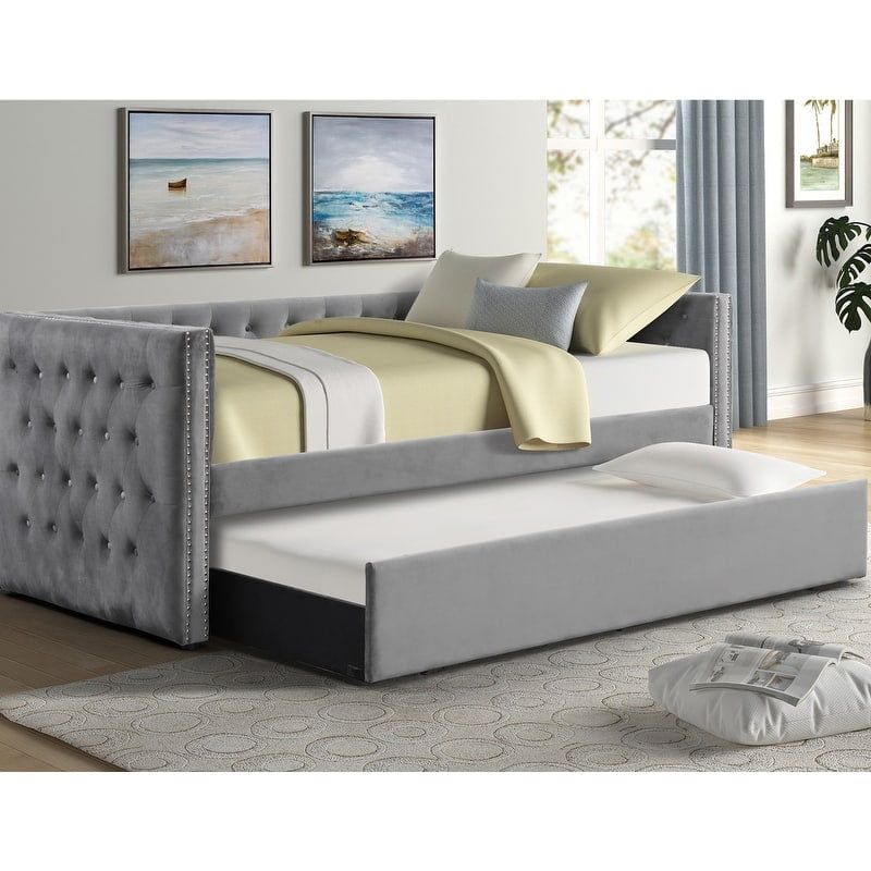 Gray Twin Upholstered Daybed with Trundle and Nailhead Trim