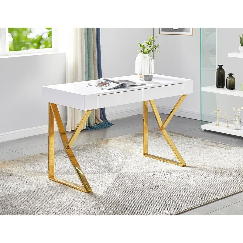 Modern White Lacquer Wood Computer Desk with Stainless Steel Base, 47"