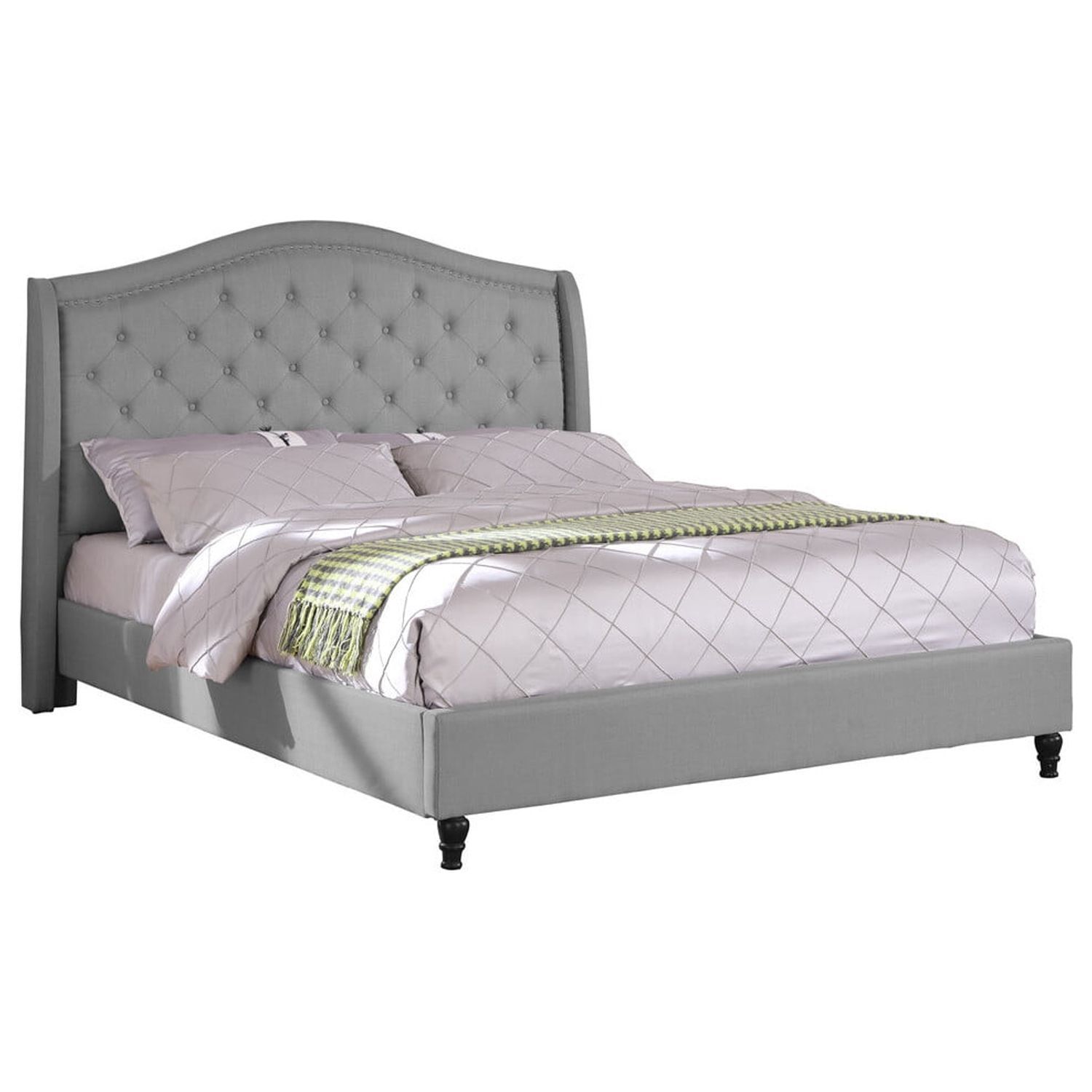 Elegant Pine Queen Platform Bed with Tufted Upholstery and Nailhead Trim