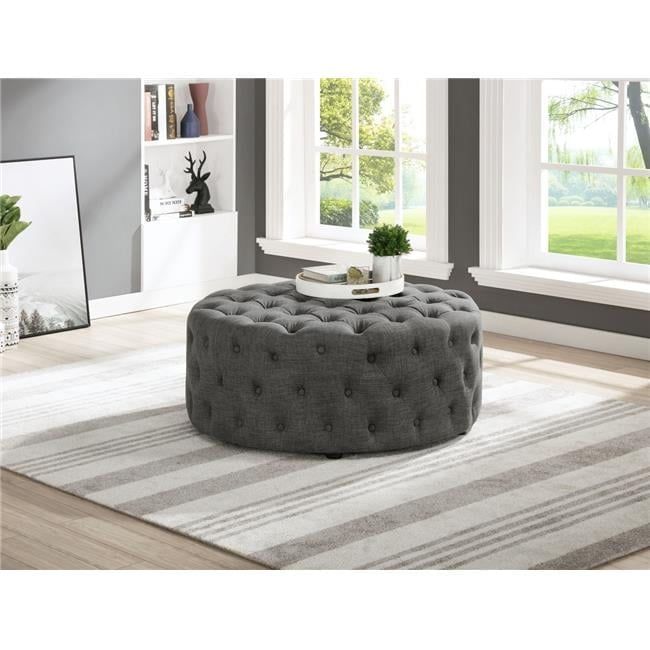 Grey Tufted Round Linen Ottoman