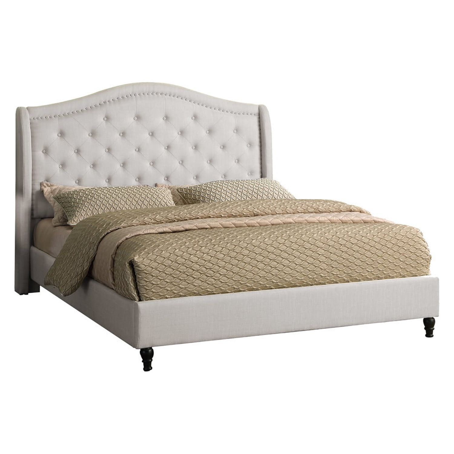 King Cream Upholstered Tufted Platform Bed with Nailhead Trim