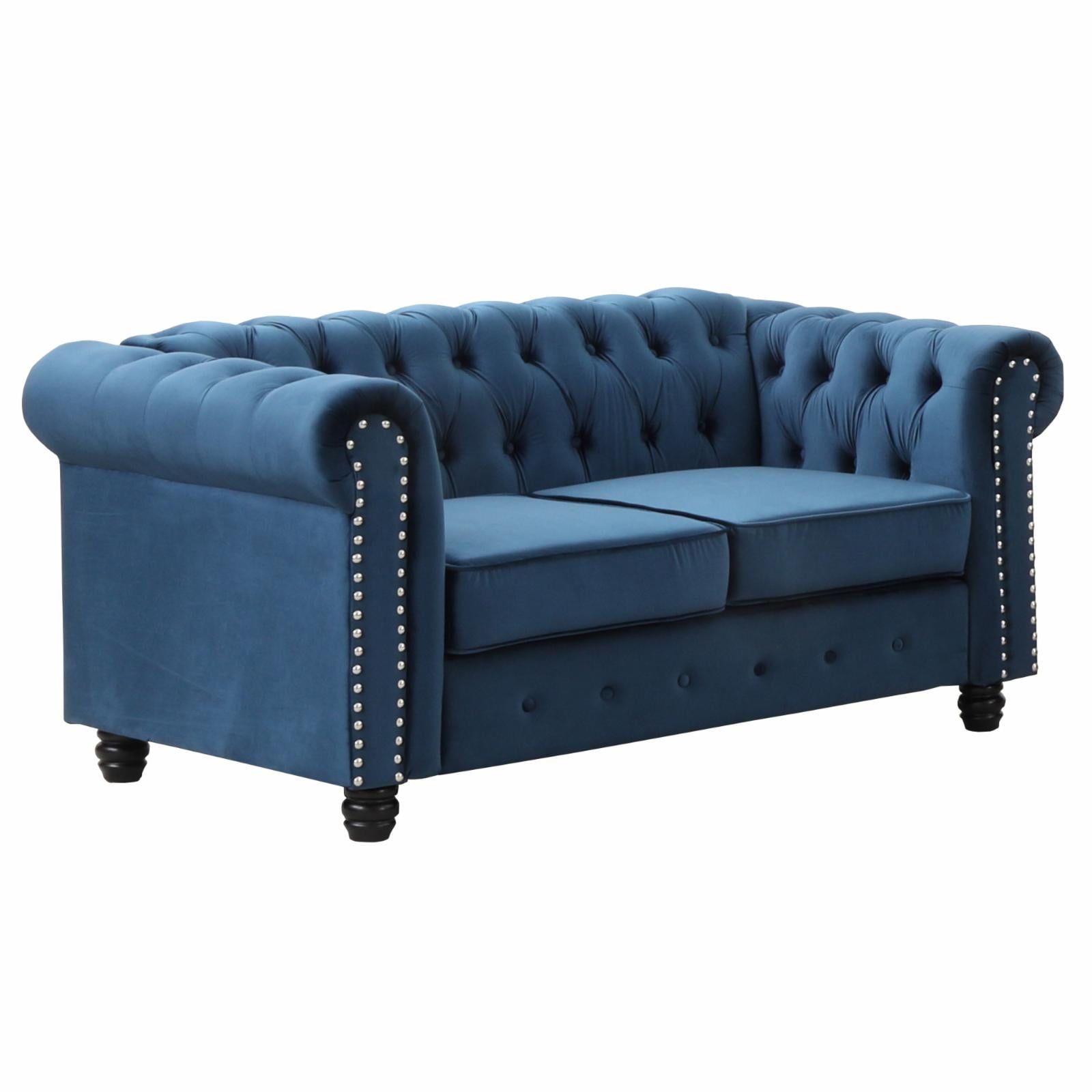 Venice 61" Blue Velvet Tufted Chesterfield Loveseat with Nailhead Trim