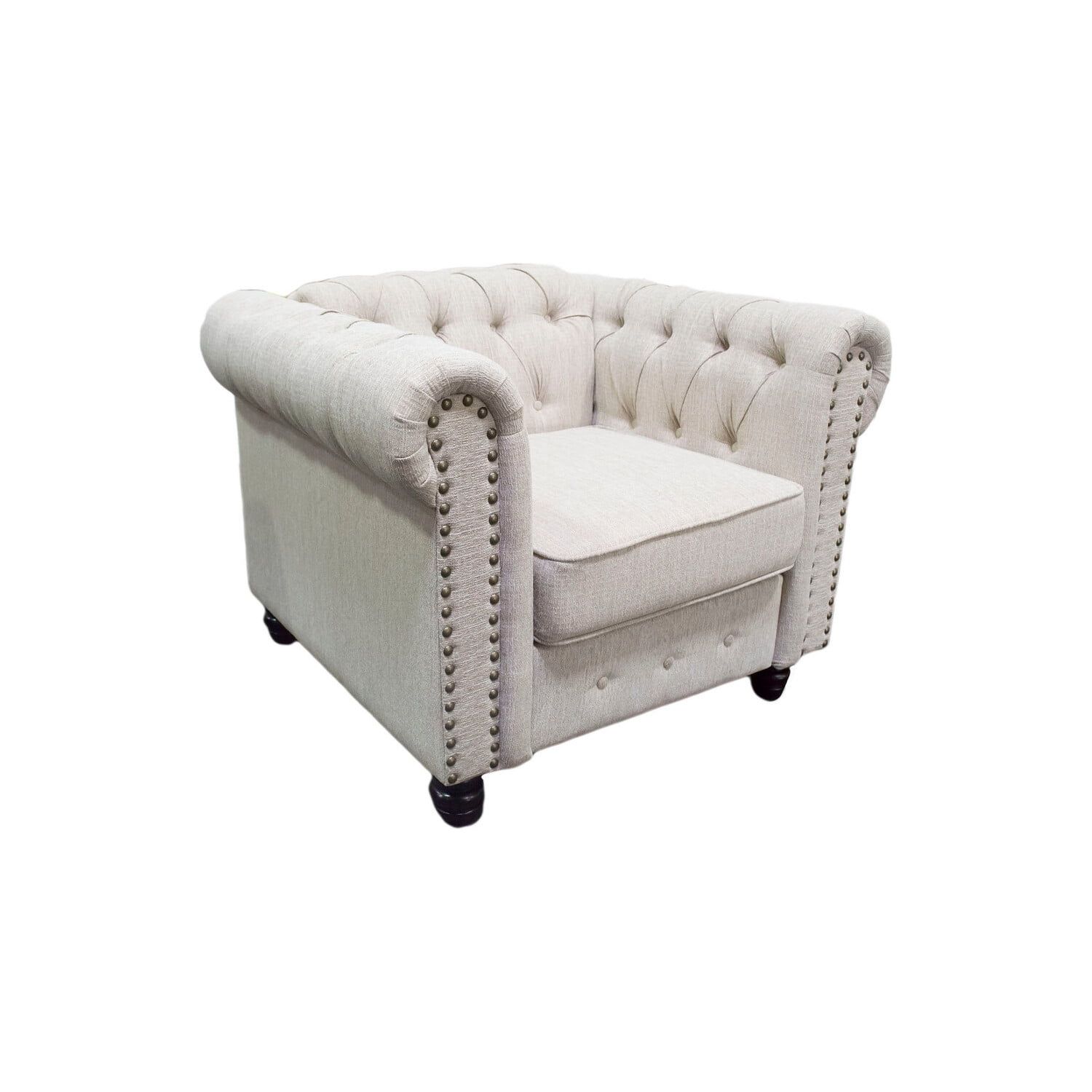 Beige Tufted Velvet Arm Chair with Nailhead Trim