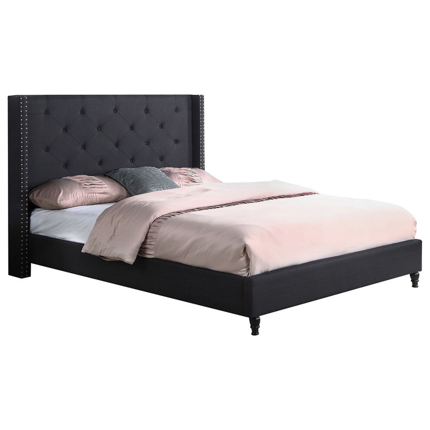 Queen Black Linen Upholstered Tufted Wingback Bed