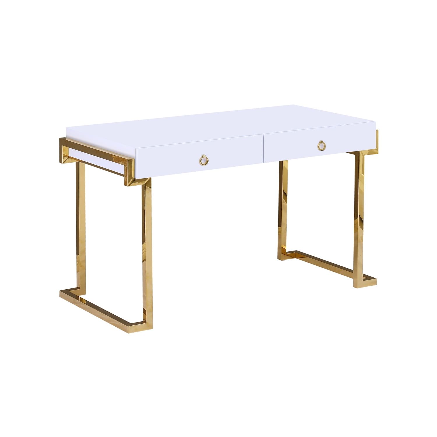 White Lacquered Poplar Wood Computer Desk with Gold Steel Legs