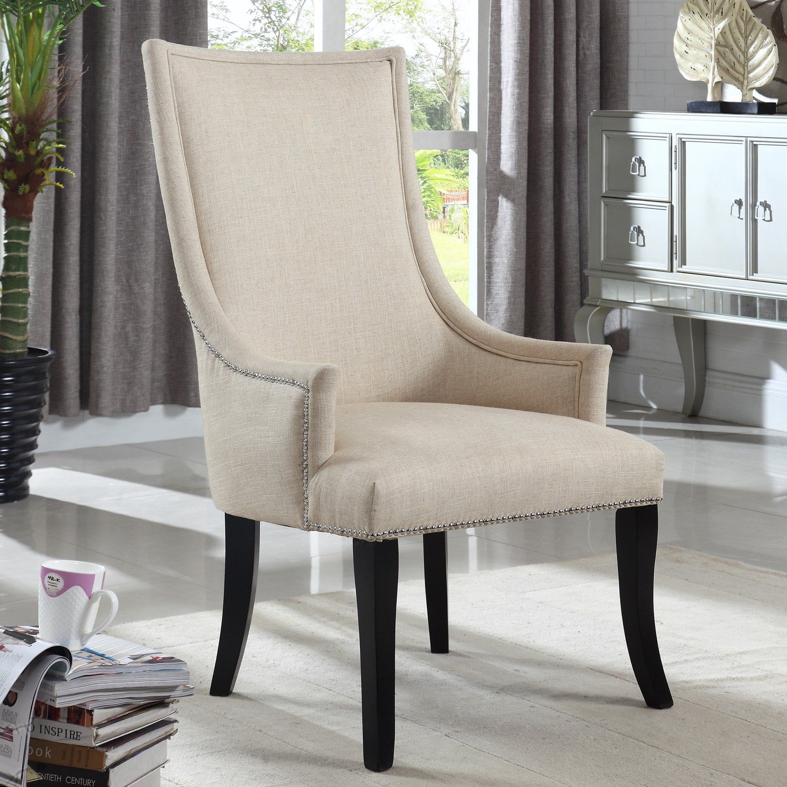 Natural Fabric Upholstered Accent Chair with Black Legs