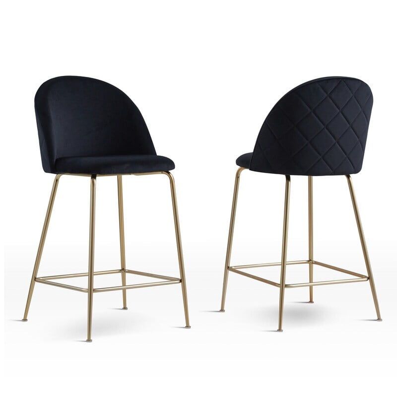 Miramar Velvet Black and Gold Metal Counter Height Bar Stools, Set of 2