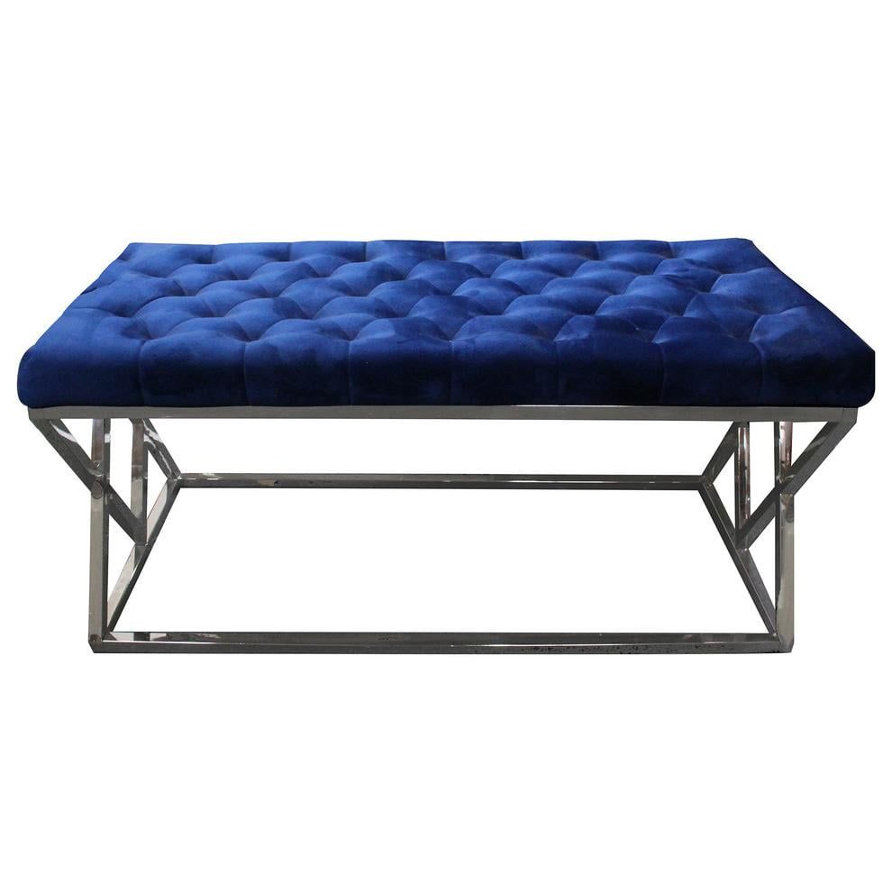 Elegant Blue Velvet Tufted Bench with Stainless Steel Frame