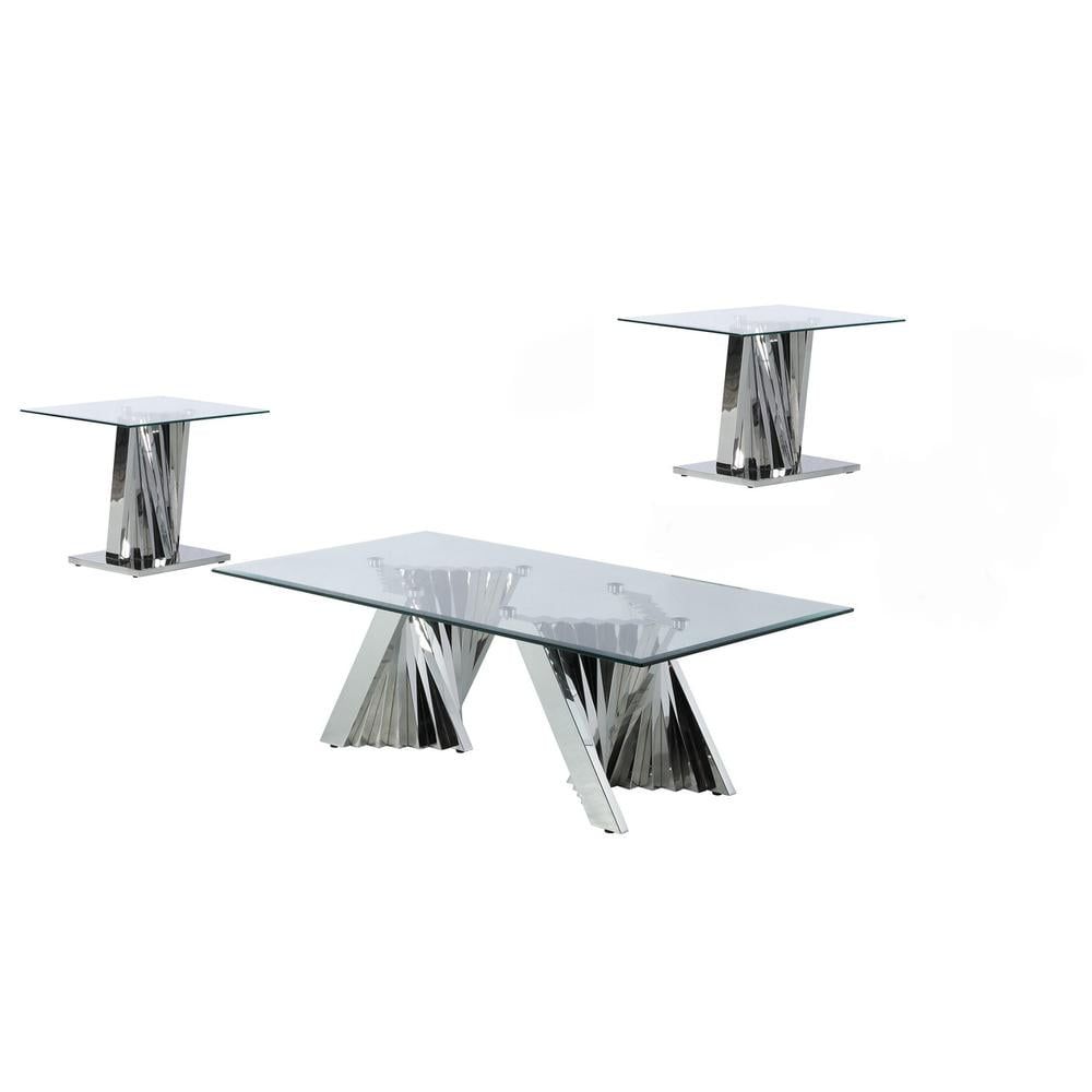 Geometric Clear Glass Coffee + 2 End Table Set with Silver Stainless Steel