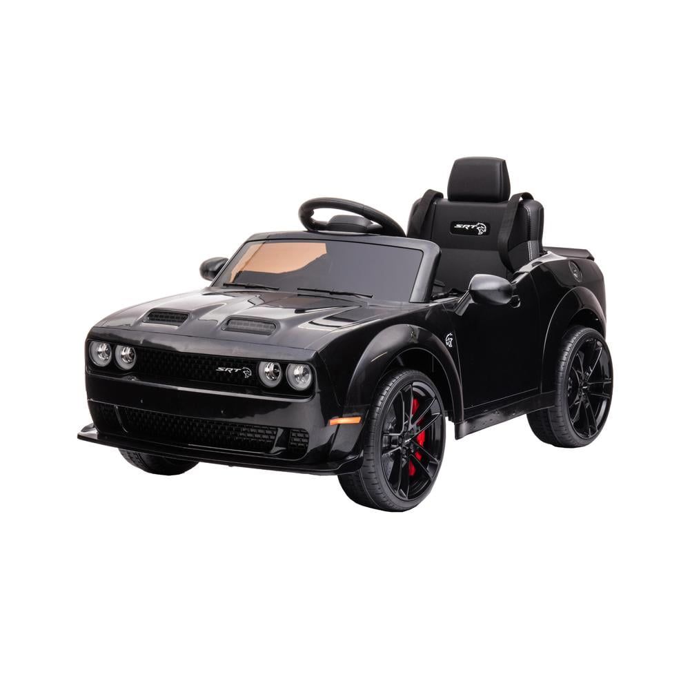 Black 12V Dodge Challenger Kids Ride-On Car with LED Lights and Remote Control